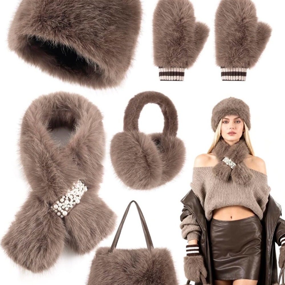 Gifts Sets for Women-5 Piece, Faux Fur Bucket Hat and Glove Set, Gifts for Her
